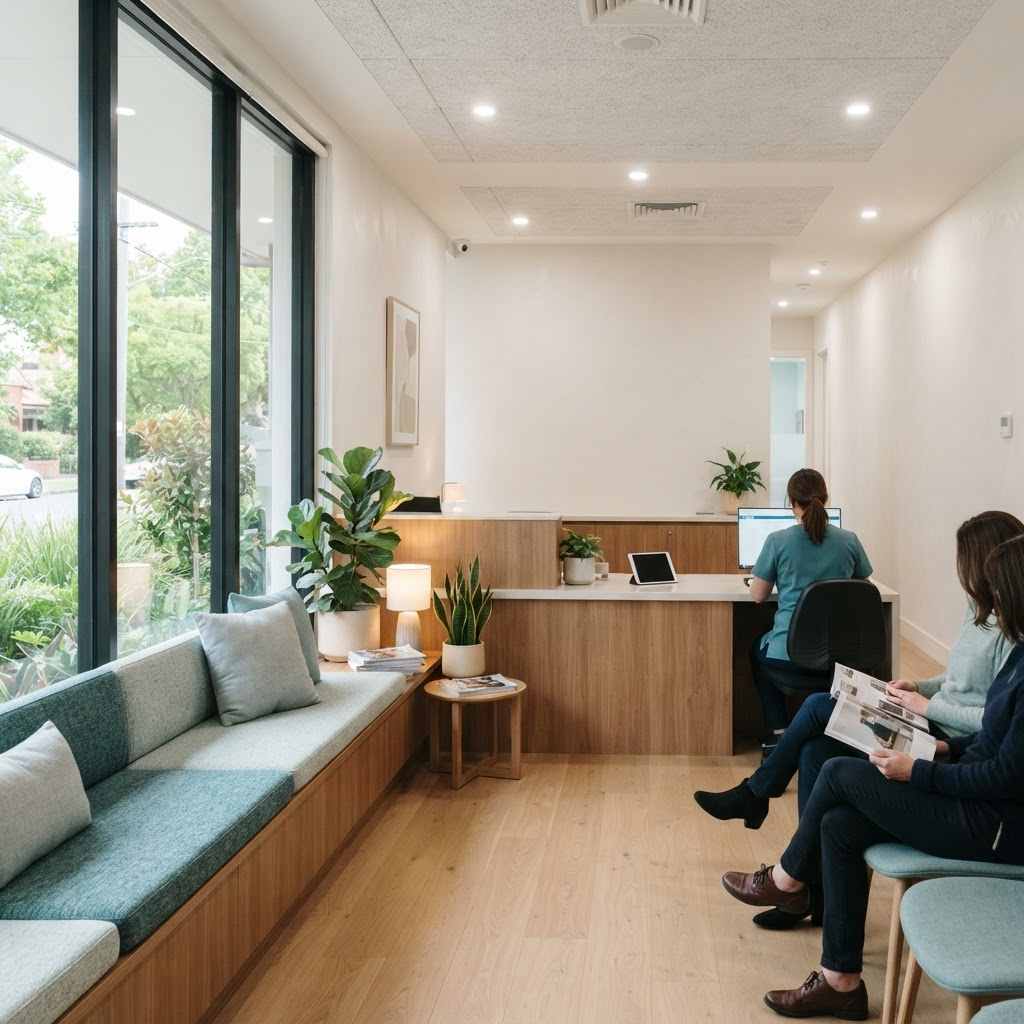 Bright, modern waiting area inside the Healing Motion Podiatry clinic in Roxburgh Park