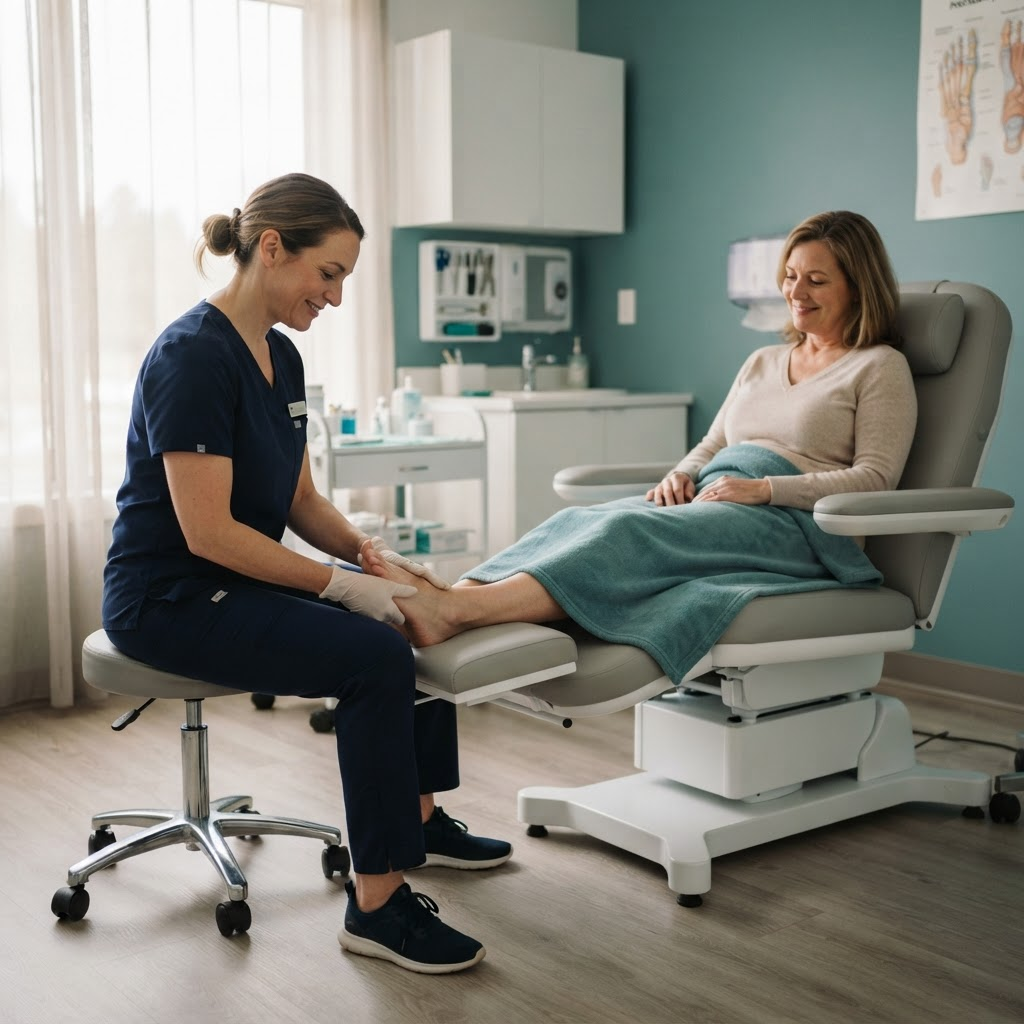 Podiatrist examining a patient's foot during a consultation at Healing Motion Podiatry